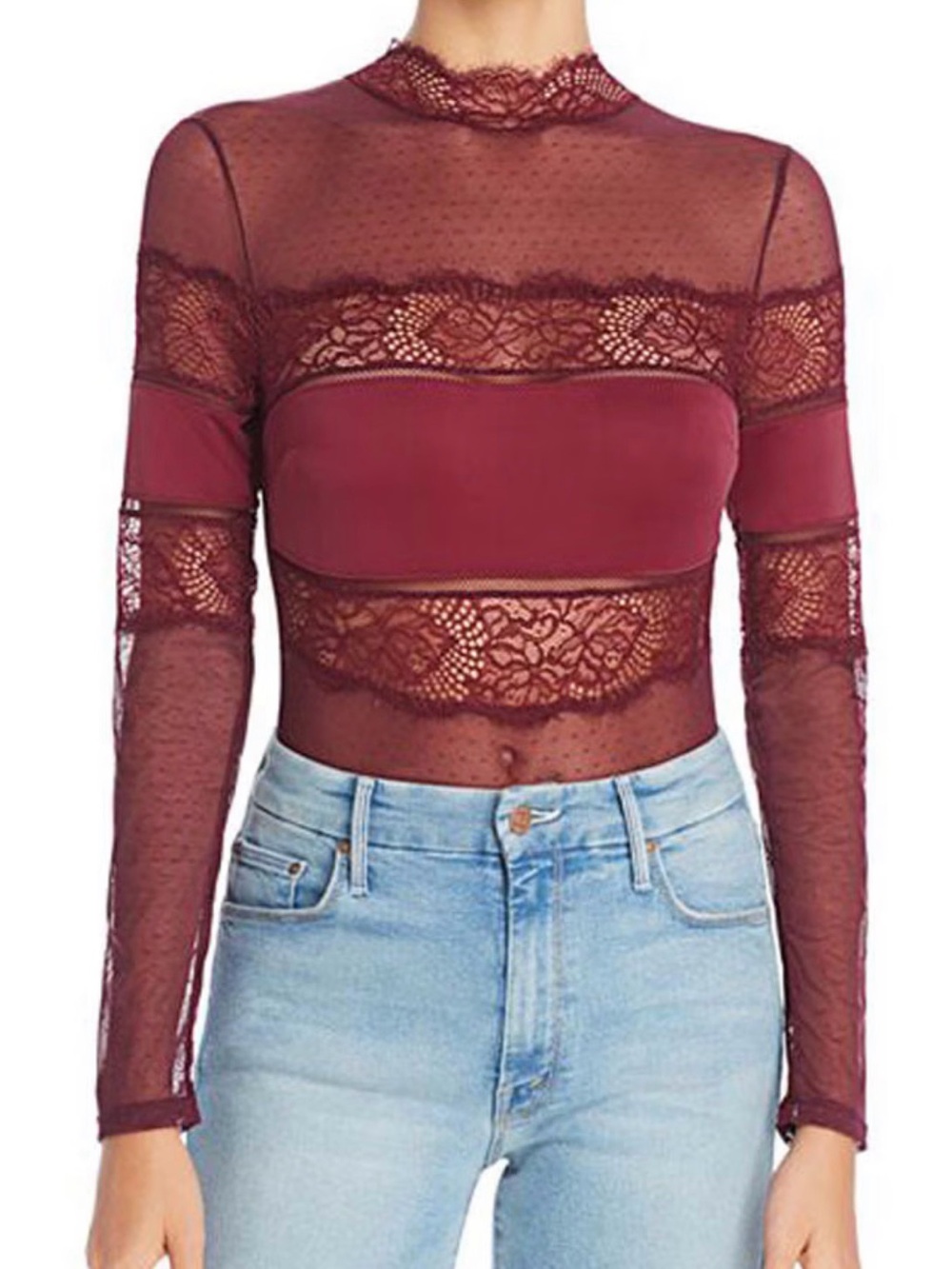 Thistle and Spire Burgundy Lace-Trim Sheer Long Sleeve Bodysuit / never worn